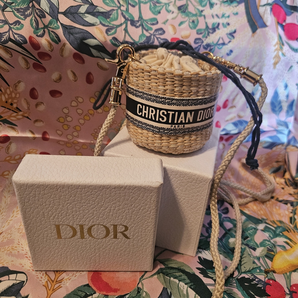 Christian Dior Woven Beige and Blue Bucket Bag